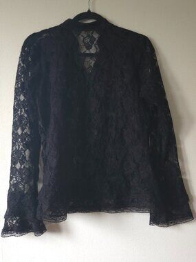 Vintage Black Floral Burnout Velvet Lace Blouse Bell Sleeve Button Front Medium